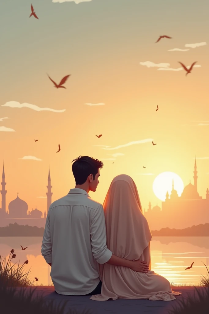 "An Islamic-themed illustration featuring a loving couple sitting or standing peacefully on the left side of the image. The couple is modestly dressed, with the man wearing a light shirt and the woman in a simple hijab. The background showcases a tranquil ...