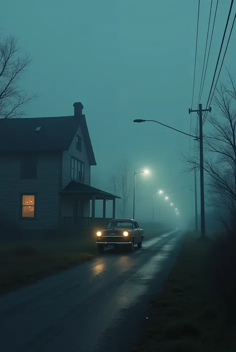 A lonely home, edge of road, night, faulty street night. Dense fog, a chevy car.  