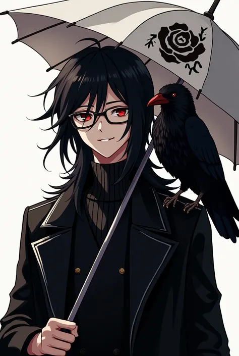 Anime, men, black long hair,Red eyes,, put on square glasses ,Smiling with the corners of the mouth,Put on black clothes ,, a white umbrella with a black rose pattern.,On the shoulder there is a black crow 