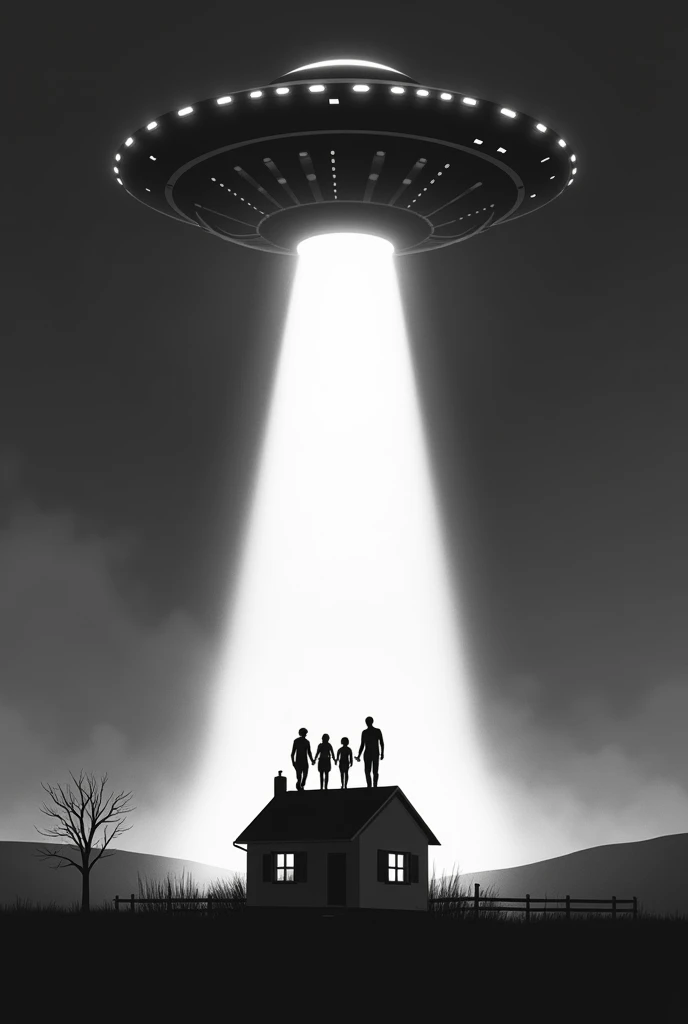 A UFO (ufo)  pointing their flashlight at a small house. Three people are being abducted . vector style, monochrome,  a touch of color for important items ,  high contrast ,  super minimalist 