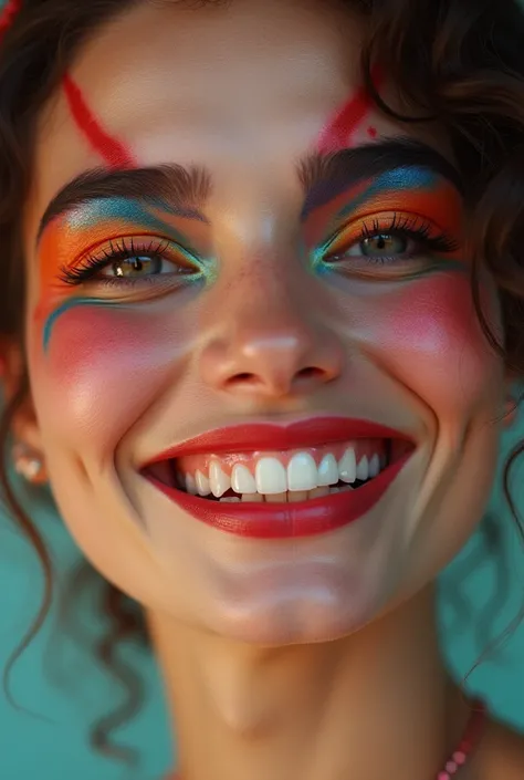 close up image of woman smiling a very bright smile, wearing eccentric brightly coloured makeup and eyeliner. Very close up of the face 