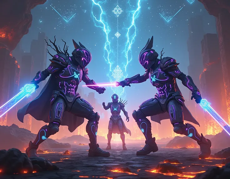 Futuristic warriors in a blockchain-powered metaverse, clad in glowing cybernetic armor with intricate neon patterns of blue, purple, and fiery orange. Each warrior wields unique weapons—plasma swords, energy shields, or holographic spears—radiating power ...