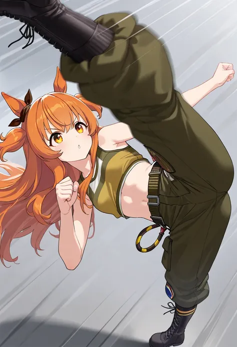 masterpiece , 1girl , detailed game cg , mayano top gun (umamusume) , attack stance , spread legs , full body , military camouflage tank top , Military Cargo pants , lace up boots , sfw , MCMAP , Martial Arts , (jumping high Kick) , motion blur effect , Wi...