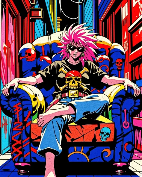 A fiercely adorable pirate girl, embodying the epitome of strength and style, lounging casually on an oversized sofa chair. Shes dressed in a trendy t-shirt that features intricate graffiti art, boasting the highest quality fabric and vibrant neon colors t...