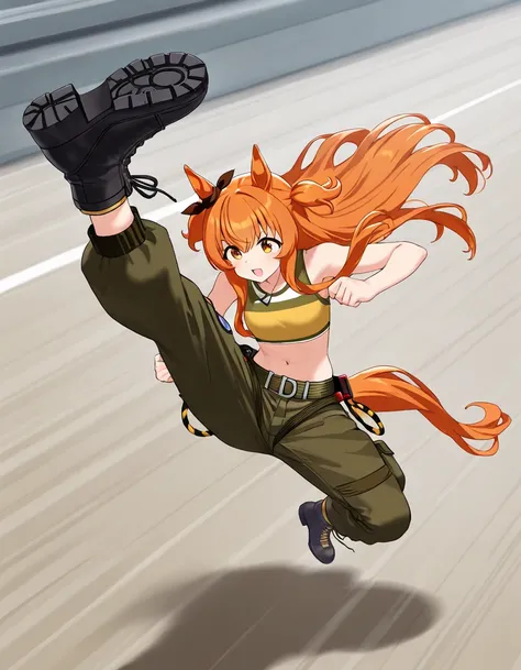 masterpiece , 1girl , detailed game cg , mayano top gun (umamusume) , attack stance , spread legs , full body , military camouflage tank top , Military Cargo pants , lace up boots , sfw , MCMAP , Martial Arts , (jumping high Kick) , motion blur effect , Wi...