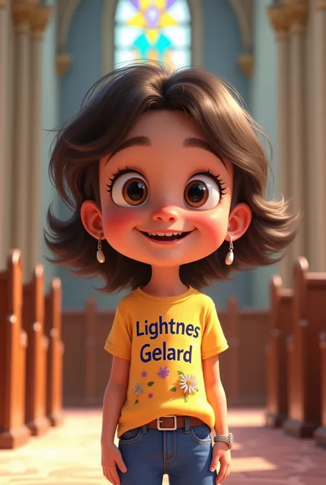 A girl cartoon wairing shirt written lightnes gelard at the church 