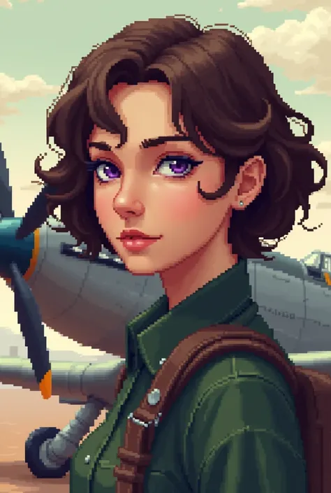 Pixel character .  She has short wavy brown hair. She has purple eyes  .Bir vintage Fighter.