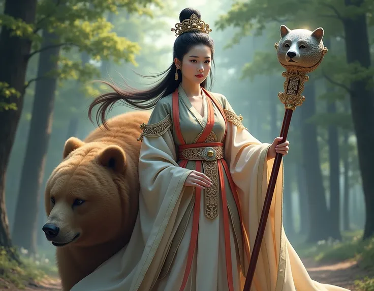 Korean goddess carrying a cane decorated with a silver bears head accompanied by a bear