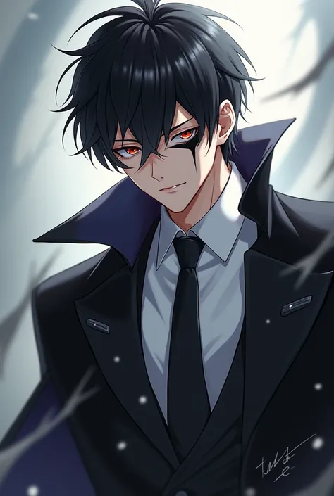  describe me anime handsome guy in a black tie white shirt whose shirt is  and colored eyes then in his left eyelid is black and hair is black and poses like a villain