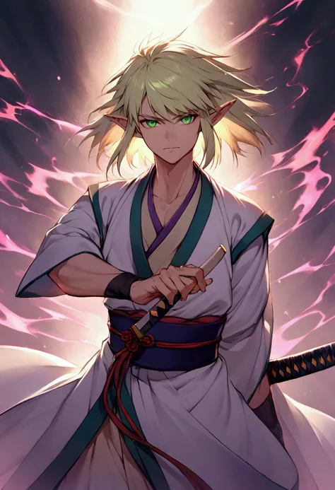 an elf samurai man in light clothing typical of the Japanese period, with vibrant green eyes and light blond hair, with a katana(chinese style) in its purple sheath giving off a mystical aura from him