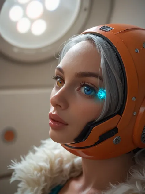 (Close-up of a better masterpiece:1.5)0.9], (Space and astronauts:1.2) (Messy silver hair:1.1) (Heterochromia xanthochromia and blue eyes:1.2) (Space Helmet:1.0) (Colored stars in the eyes:1.0) (A radiant glow:1.1) (thick lips:0.9)