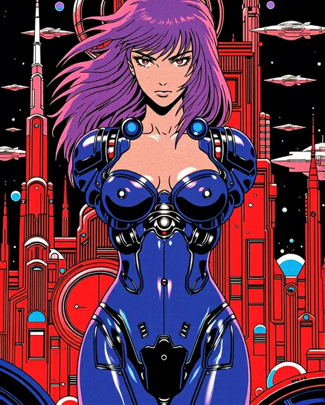 A masterpiece in the illustrative style of Moebius, blending surreal art-nouveau elements with a bizarre yet captivating cyberpunk aesthetic. At the center, a Japanese mecha girl stands in a seductive, submissive pose, her voluptuous form accentuated by a ...