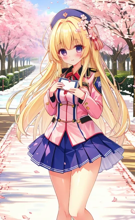    beautiful long blonde  　   A girl in uniform walks along a path full of cherry blossoms in a blizzard  　  pleated skirt 　  miniskirt　Shyness　whole body　桜の花が咲き乱れる小道を歩く　((Petals falling))　Hands out a letter 