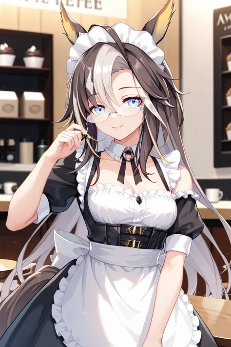 NSFW,masterpiece, top quality, high definition , very detailed,Dream Journey,Dream Journey(Horse Girl),Glasses,smile, maid clothes, off shoulder , crop top, miniskirt, coffee shop