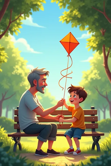  a father with slightly gray hair sits on a park bench with his little son who is about . The  smiles cheerfully while holding the kite ,  while the father with a loving face is helping to tie the kite string .  The background is a green garden with shady ...