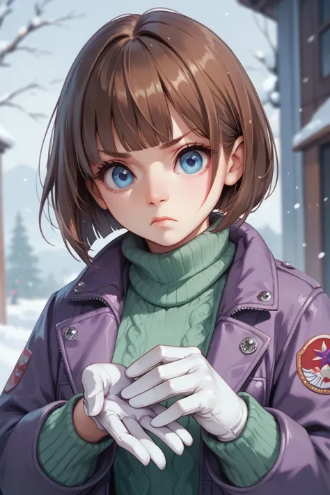  girl, Brown Hair,  Bob Haircuts , With bangs,  purple snow jacket with green sweater inside, Join hands, A little serious expression,  big eyes,   white gloves,  blue eyes,