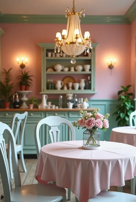  create a shabic chic coffee shop with pastel pink colors, mint green and cookie color with wooden tables painted white with small cages on the tables,  a central chandelier to illuminate the coffee shop , and wall lamps . Aimed at antique collectors