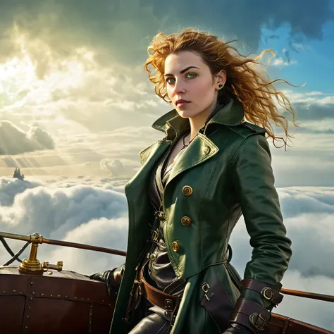 Calyx, a wiry 28-year-old woman with piercing green eyes and a leather coat, standing confidently on the airship’s prow, gripping a spyglass. Wind ruffles their coat, the sky glowing with golden ether clouds. Photo-realistic style, dynamic angle.