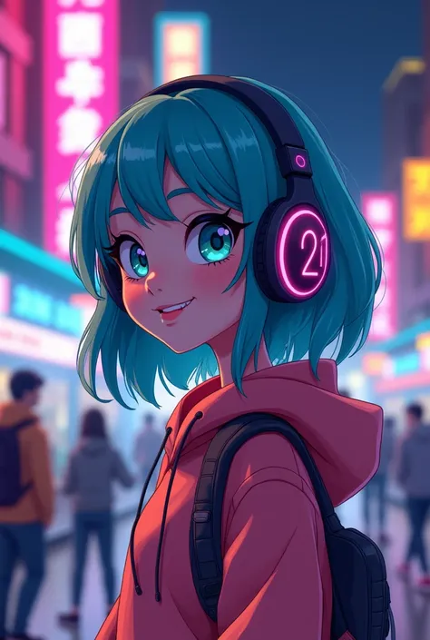 Cartoon girl 21 years old, with cyan hair,  hoodie, headphones, two, neon lights, night