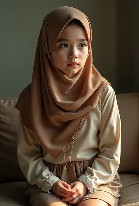 a beautiful young indonesian girl wearing hijab and short pants, sitting on a couch, calm expression, intricate hijab details, realistic skin and clothing textures, studio lighting, photorealistic, 8k, high quality, detailed face and hands, warm color tone...