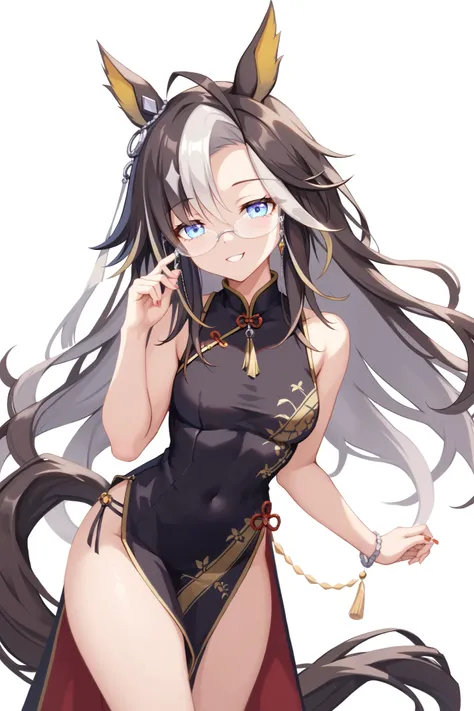 NSFW,masterpiece, top quality, high definition , very detailed,Dream Journey,Dream Journey(Horse Girl),Glasses, China Dress , sleeveless,Bewitching Smile