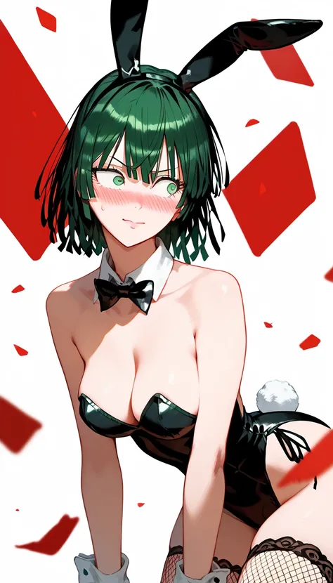 1 girl, solo [masterpiece, best quality,] perfect face, expressive eyes, green eyes, fubuki from one punch man, black playboy bunny, mesh thigh highs, bunny ears, blushing deeply, nervous smile, looking to the side, white background 