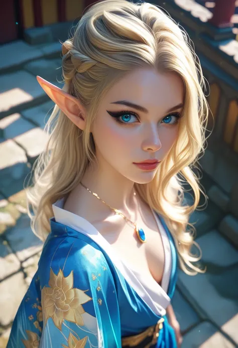 Beautiful elf princess, photoreaistic, young, fair skin, long blonde hair, blue eyes, black eyeliner, fit. Wearing royal blue japanese dress. Japanese castle background. Wearing glowing triforce pendant. High angle view.