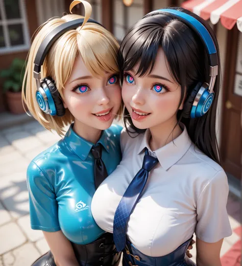 Mother and 2 young girls stand in town , Ahoge,  black hair, smile, Lens reflection,  reflecting light , In extremely tight shiny blue latex polo shirt, Spiral eyes, corset,from above,saliva, salivafluss, salivaspur, headphones, kiss, face to face,  blonde...