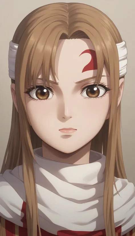   masterpiece, , super detail, high quality, highres, 1080P, 8k, 16k brown eyes very accurate clothing  score_9, score_8_up, score_7_up, ((cowl)) headband on forehead detailed clothing beautiful girl kyoukai anime style  stare cold stare(((asuna yuuki )))