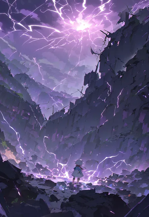 the environment is a giant crater with crack on the ground the size of multiple mountain, a city of collapsed building around the crater, a storm with lightning,  view from farr away, anime impact frame 