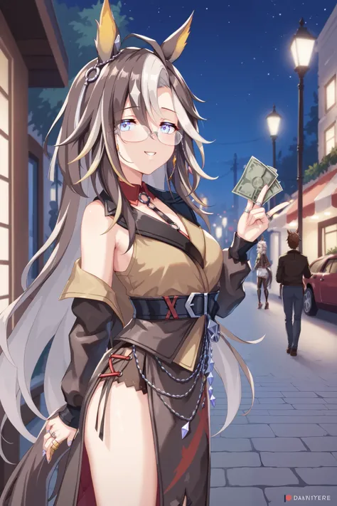 NSFW,masterpiece, top quality, high definition , very detailed,Dream Journey,Dream Journey(Horse Girl),Glasses,(Prostitute:1.2), downtown at night