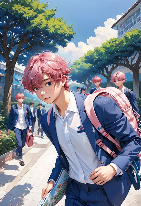  pink hair、10th Generation、 High School Boys、Shyness、 is shy、 hide face with palm 、Carrying a school bag on my shoulder、 penetrates 、Broad shoulders、 navy blue blazer、 white shirt、young、 one man with holes 、 Artistic Drawings 