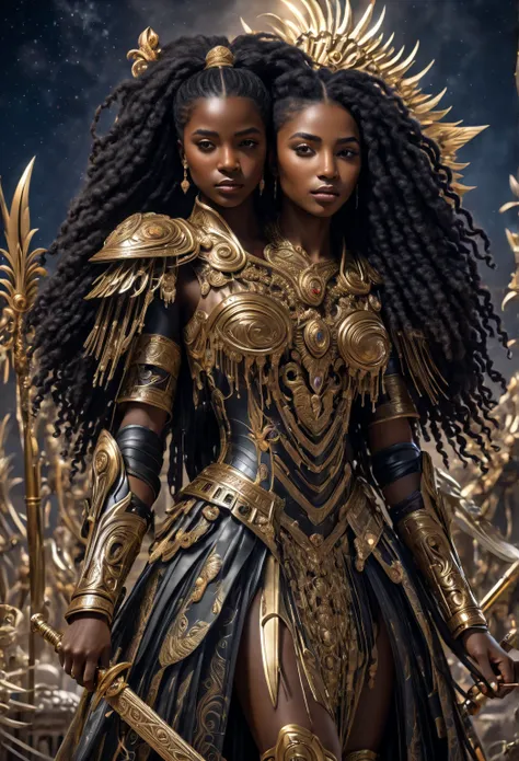 A breathtaking young African princess from the Mpologoma clan in Buganda, adorned in a regal lion fur cloak, symbolizing her royal lineage. Set in a futuristic African kingdom amid the chaos of war, she stands side-by-side with a powerful young king. The p...