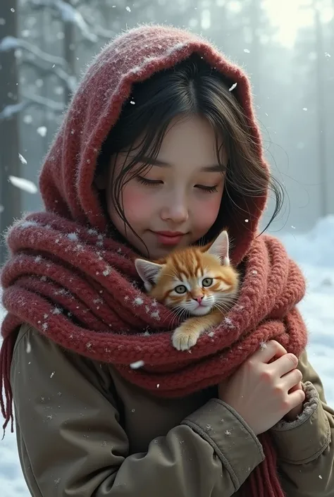 young woman wraps tiny little kitten in her scarf and crouches down. The wind howls as they huddle together