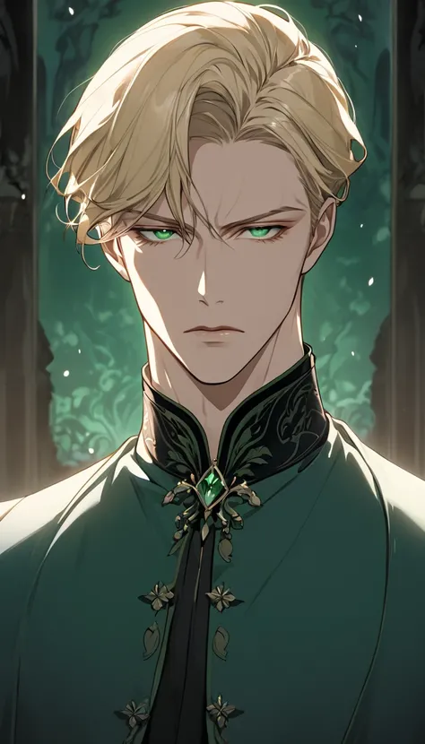 A semi-realistic anime-style man with a calm and composed expression. Age 27. He has short, blonde hair, angry demeanor. His complexion is a healthy pale white, with warm undertones that contrast nicely with his light features. His face is sharp and symmet...