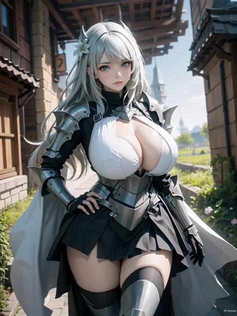 rannithewitch, (knight armor, white armor, skirt:1.3), (white skin:1.2), hands on hip, standing, spread legs, huge tit, thick thighs, silver hair, long wavy hair, eyeshadow, long eyelashes, gentle smile, sunset grassland, flower blossom