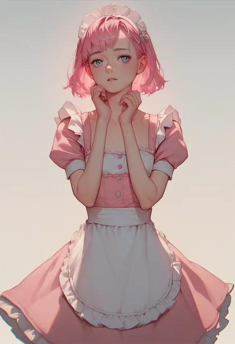 ( pink hair, girl，anime,),pink maid dress，Petite， s, no background