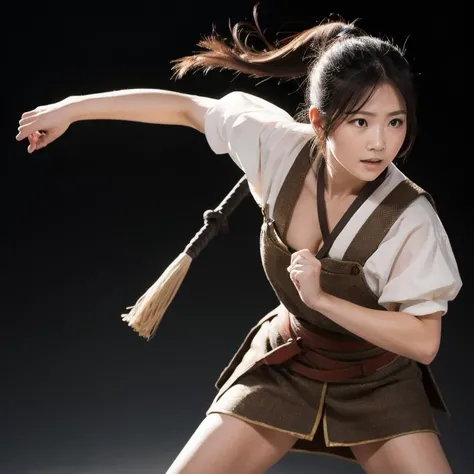 A beautiful japanese 15 century poor farmer woman with sord and in ready to fight action. Black background. Kick high.