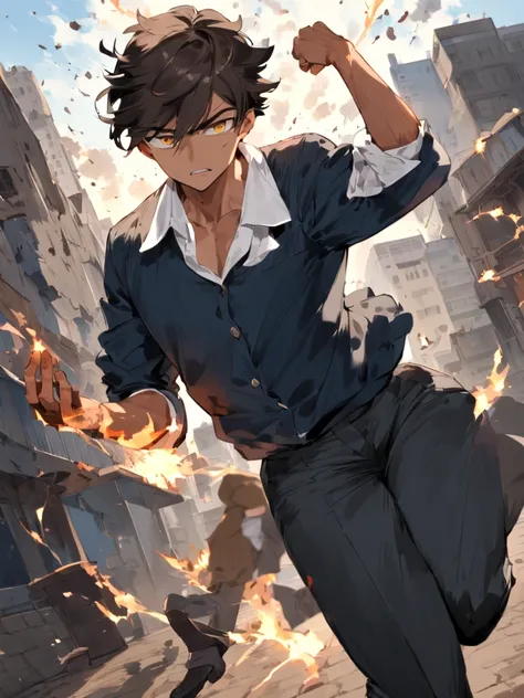 (Make a anime teenager boy in a school outfit, shounen art style) floating in mid air menacingly, scary looking , with his psychic aura surrounding him, his aura also destroying buildings in the back ground. his figure 22-year-old, with a muscles but not t...