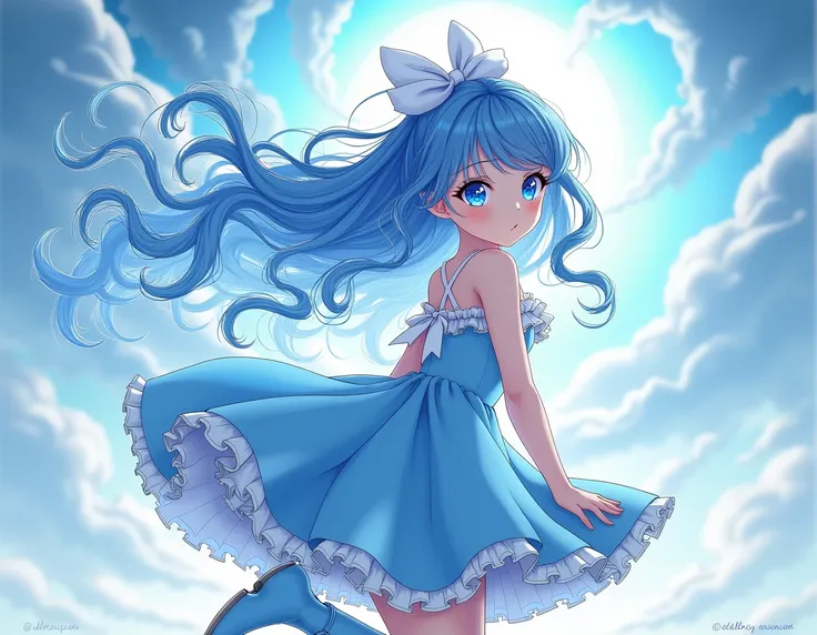 An anime girl with long curly blue hair behind her hair has a white bow and sea blue eyes, she wears a blue dress with a blue skirt and light blue boots