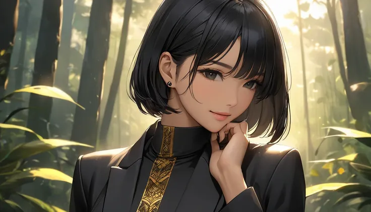 Neo-noir futuristic art style, medium close-up shot, semi-realistic anime-style of a woman standing with a warm, inviting smile, captured from the shoulders up. Her short, sleek black hair in a sharp bob grazes just below her jawline, neatly styled. She ha...