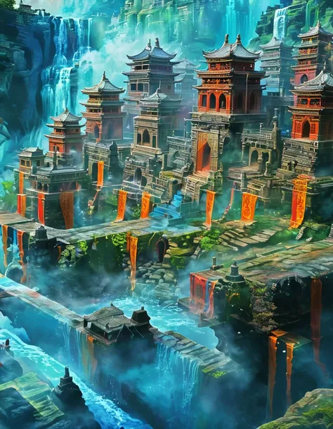 Colorful fantasy ancient Japanese temple by a stream, fantasy illustration 