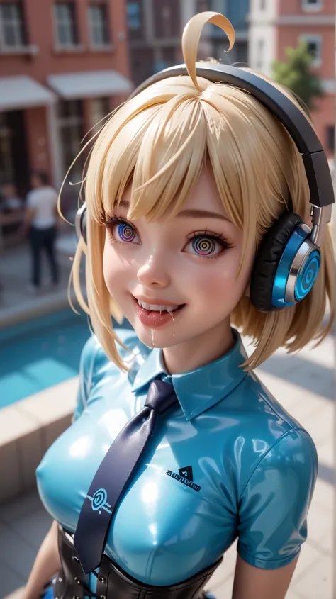 2 young girls stand in the city , Ahoge,  black hair, smile, Lens reflection,  reflecting light ,  in extremely tight shiny blue latex polo shirt, Spiral eyes, corset,from above,saliva, salivafluss, salivaspur, headphones, kiss, face to face,  blonde hair ...