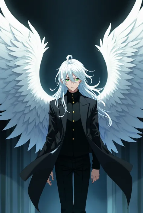 Anime style, man, long white hair, four feathered white wings, green eyes, wearing a black suit