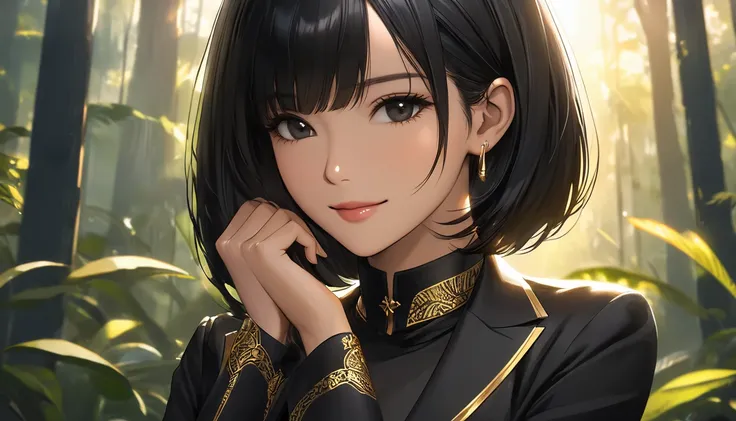 Neo-noir futuristic art style, medium close-up shot, semi-realistic anime-style of a woman standing with a warm, inviting smile, captured from the shoulders up. Her short, sleek black hair in a sharp bob grazes just below her jawline, neatly styled. She ha...