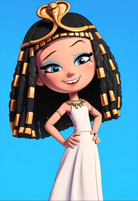 1girl, solo, penny peterson, long hair, blue eyes, 3d, black hair, dress, jewelry, necklace, white dress, makeup, dreadlocks, egyptian, full body, Standing, Hands ln hips, smiling, raising Her left eyebrow, Blue Background