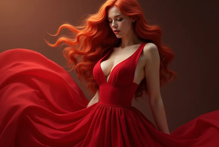 A women, long red hair, beautiful, Adorned in an elegant red dress that gracefully revealed just enough, Sensual curves defined her figure, with ample bosom and rounded ass that surpassed the ordinary. A slender waist added grace to her silhouette, and an ...