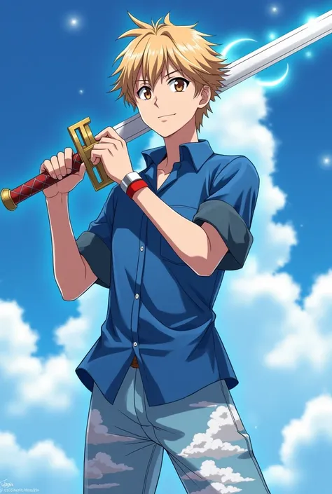 Hes wearing a blue shirt and hes got clouds on his pants his tan hair Brown and his eyes are brown and hes got a cool sword in his hand, and hes got rays coming out of both the sword and his own body, and this is an anime character.