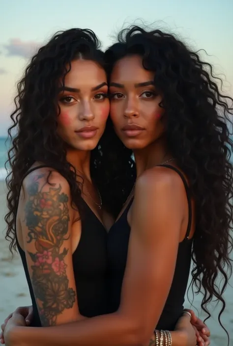  couples beautiful mixed Puerto Rican & Asian Caribbean baddie female with long wet curly black hair tip juicy glossy lip tattoos, heart mark on her cheek natural fake lashes, with beautiful woman 8k skin tone with black hair and tattoos and piercings wear...