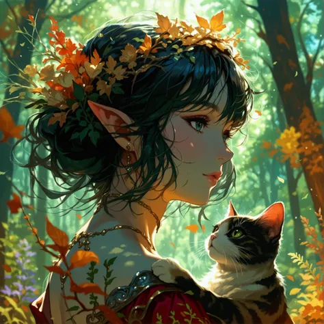 beautiful sexy girl with dark-blonde hair with her (tortoiseshell cat), forest, fantasy style, lord of the rings